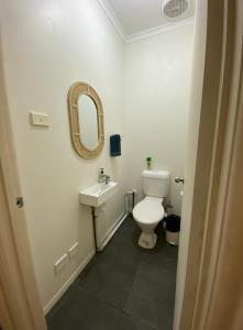 a bathroom with a toilet and a sink and a mirror at Roantree House in Portland +9 photos