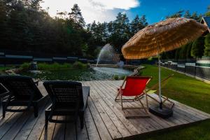 a deck with chairs and an umbrella and a pond at ZIEMIA-OGIEŃ Apartamenty Mazurska Kraina Narie in Bogaczewo