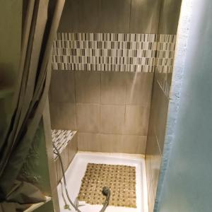 a shower with a bath tub with a shower curtain at apartement des Romains in Sospel