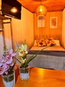 a cat laying on a bed with two vases on a table at My Yellow House Casal in Campos do Jordão