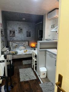 a room with a bed and a table and a kitchen at Apartman Park Kragujevac in Kragujevac