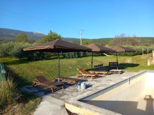 a group of chairs and umbrellas next to a pool at La Tanière du Ventoux in Bédoin