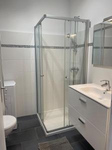 ein Badezimmer mit Dusche, Waschbecken und Toilette in der Unterkunft Appartement vue Mer en plein centre in Calvi + 7 Fotos
