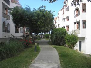 un camino entre dos edificios con un árbol en el medio en Apartamento Sol & Orilla, en Zahara de los Atunes