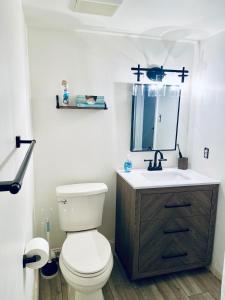 un bagno con un water, un lavandino e uno specchio di BEACH BLOCK TOWNHOME - Casinos, Shopping, Fun! a Brigantine