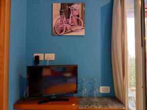 a tv in a living room with a pink bike on the wall at La capannina cilento cam 10 in San Marco di Castellabate