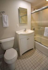 a bathroom with a toilet and a sink and a shower at Comfy Back Bay Alcove Studio Apt in Boston