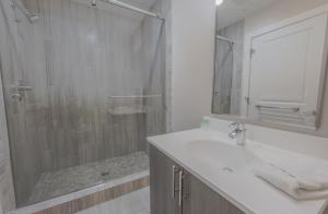 Un baño con ducha, lavabo y espejo. en Luxury Furnished Loft near Park Street Station, en Boston
