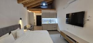 a room with a bed and a tv and a kitchen at צימר המשאלות בגלבוע in Nurit