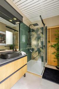 a bathroom with a sink and a glass shower at Nancy Vieille Ville Stanislas in Nancy