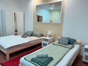 a bedroom with two beds and a mirror at Cool Apartman 1 Centar Smederevska Palanka in Smederevska Palanka