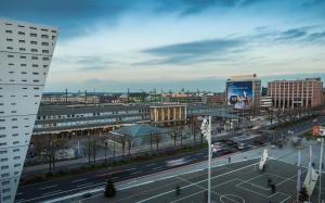 a view of a city with buildings and a street at LivInn Hotel in Dortmund