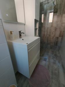 a bathroom with a white sink and a shower at Apartman Sidonija in Križevci