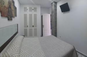 ein Schlafzimmer mit einem Bett und einer weißen Tür in der Unterkunft LA BARROSA-NOVO SANCTI PETRI, wifi, aire acondicionado, parking in Chiclana de la Frontera