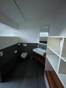a bathroom with a white toilet and a sink at Ferienwohnung Sonnenschein in Oberlienz +7 photos
