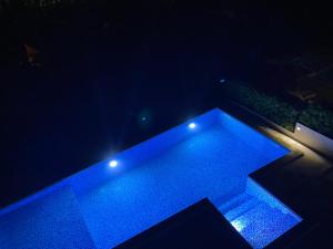 a swimming pool with blue lights in the dark at Luxury Apartment with Sea View & Heated pool in Kotor