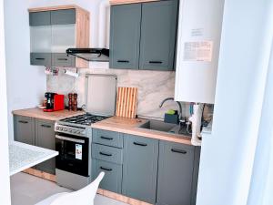 a kitchen with gray cabinets and a stove top oven at Yellow Dawn Modern Flat in Quiet Area with Garage Parking and Self Check-In in Rediu