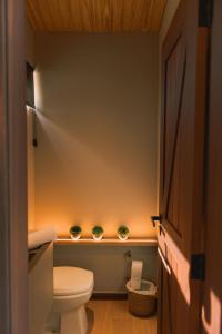 a bathroom with a toilet and two plants on a shelf at Elegante bangalô de campo 5 - Taquaras Huts in Rancho Queimado