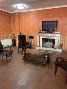 a living room with a fireplace and a flat screen tv at Villa Baqs in Racha in Ambrolauri