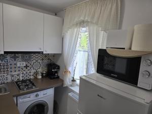 a kitchen with a microwave and a stove and a window at Cochet Studio 2 in Focşani