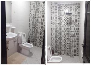 two pictures of a bathroom with a toilet and a shower at Appartement Dans Résidence jawhara in Essaouira