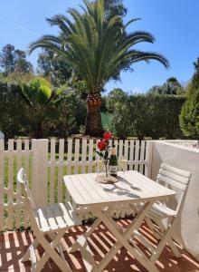 Biały stół z dwoma krzesłami i palmą w obiekcie Puerto Banus Apartment near beachfront, big sunny terrace, pool, tennis court, parking & movies projector w Marbelli