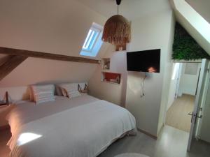 a bedroom with a white bed and a flat screen tv at Charmante maison alsacienne, sauna et jardin in Châtenois