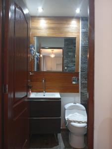 a bathroom with a toilet and a sink and a mirror at Departamento con súper desayuno in Cusco