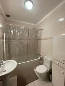 ein Badezimmer mit Toilette, Waschbecken und Dusche in der Unterkunft Casa dos Limões - Paredes de Coura in Formariz