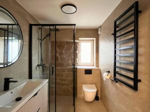 a bathroom with a shower and a toilet and a sink at Dom Przy Czerwonym Szlaku - The Red Trail Cottage in Cisiec +27 photos