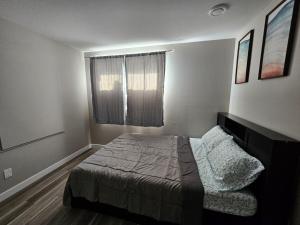 レジャイナにあるSerene Private Basement Suite in Reginaのベッドと窓のある寝室