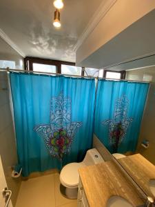 baño con aseo y cortina de ducha azul en Jardín Del Mar - Casino-Playa, en Coquimbo