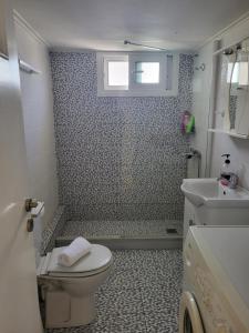 a bathroom with a shower and a toilet and a sink at Kalamata Apartment Beach Front in Kalamata