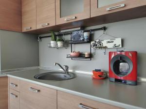 a kitchen with a sink and a red microwave at Tiny Home Studio in Regina Mare in Tsarevo