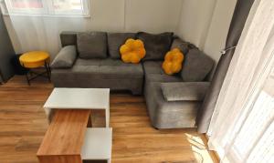 a living room with a gray couch with two yellow pillows at Moderan apartman Klaudija in Igalo +19 photos