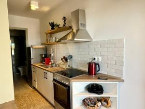 a kitchen with a sink and a stove top oven at Vicky's Panoramic View Apartments in Pelekas