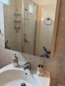 a bathroom sink with a shower and a mirror at Seaside Apartment in Vergia in Vergia +39 photos