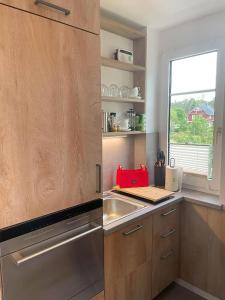 a kitchen with a stainless steel sink and a window at Vision - Apartment 27 - Bad Klosterlausnitz in Bad Klosterlausnitz +2 photos