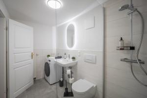 a bathroom with a toilet and a sink and a shower at CoView - Pirna Altstadt - Parkplatz in Pirna +26 photos