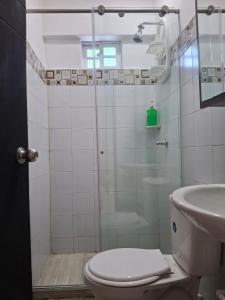 a bathroom with a shower with a toilet and a sink at Apartaestudio Monoambiente El Paraíso-Cerca al Gran Malecón del Río-Barranquilla in Barranquilla