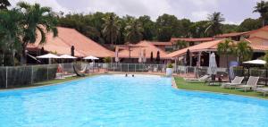 a large swimming pool with chairs and palm trees at Turquoise Caritan in Sainte-Anne