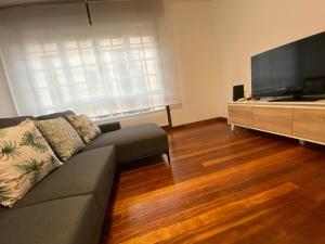 a living room with a couch and a flat screen tv at A tres Pasos in Caldas de Reis