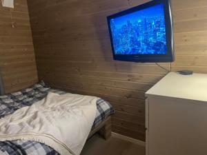 a bedroom with a bed and a tv on a wall at Neiden hytten in Neiden