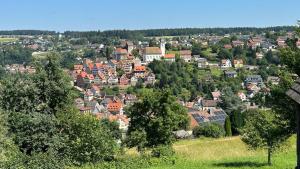 - une vue sur une ville avec des maisons et des arbres dans l'établissement Ferienwohnung zum Wohlfühlen, à Altensteig