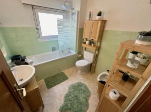 a bathroom with a sink and a toilet and a window at Appartement de vacances - ski-in ski-out in Veysonnaz +8 photos