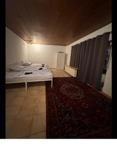 a bedroom with a bed and a rug in a room at Rösrath Wohnung mit Küche in Rösrath