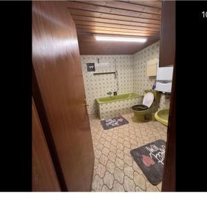 a bathroom with a toilet and a green tub at Rösrath Wohnung mit Küche in Rösrath