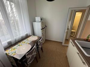 una piccola cucina con tavolo e frigorifero di Clock House a Bucarest Altre 8 foto