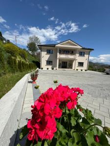 a house with red flowers in front of a driveway at Casa Croitoru Maramureş in Onceşti