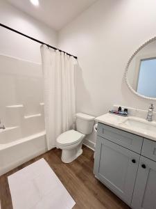 Un baño con inodoro, lavabo y espejo. en NEW Couyon House Luxury Amenities Fast WiFi 65 TV, en Lafayette